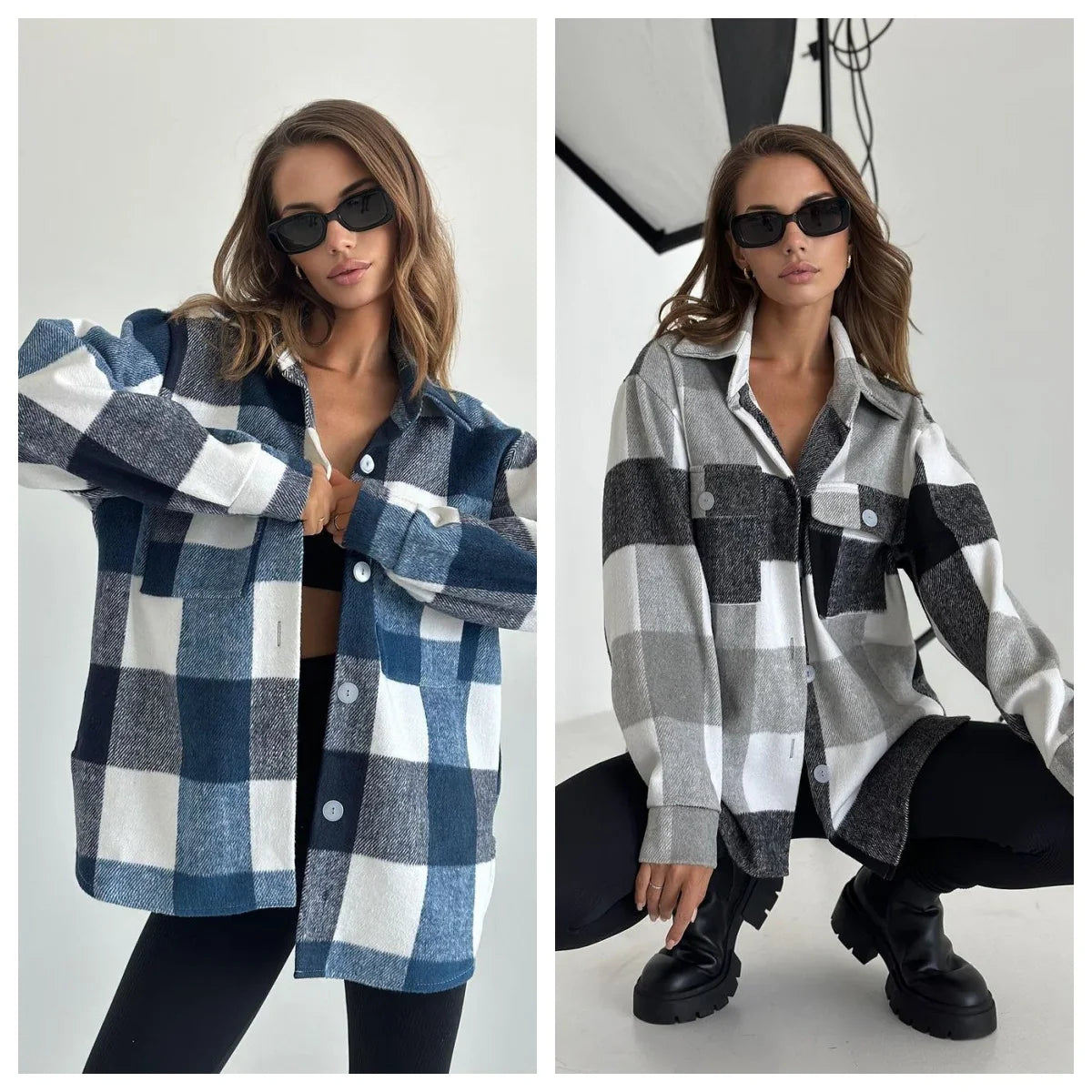 Women's Flannel Lapel Plaid Shirt Jacket Long Sleeve Button Down Thin Warm Coat Blouse for Autumn Casual Wear