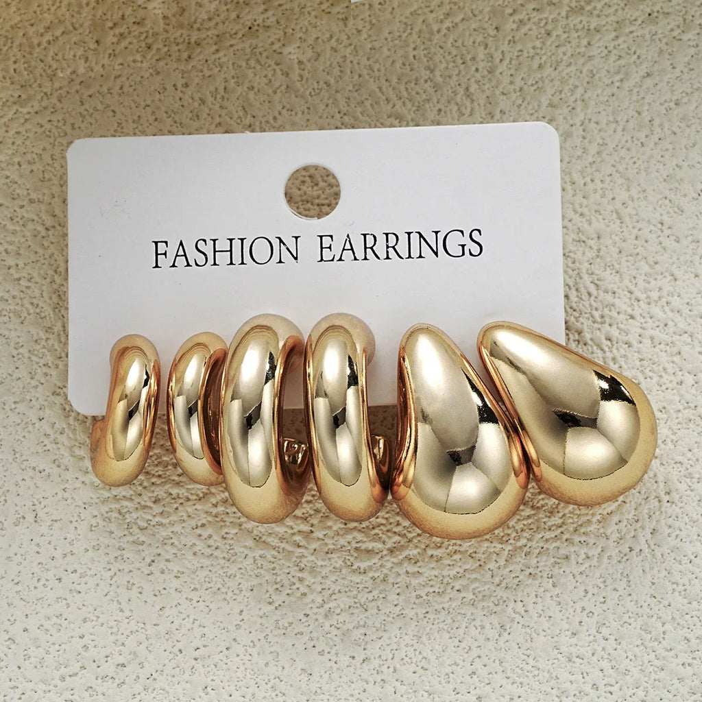6pcs Chunky Gold Plated Waterdrop Hoop Earrings Set for Women Elegant Minimalist Drop Jewelry