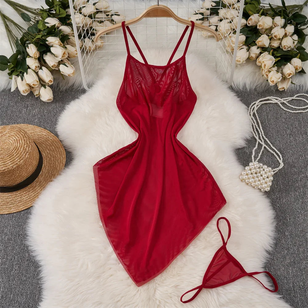 Backless Mesh Nightgown With Cross Strap Nightdress