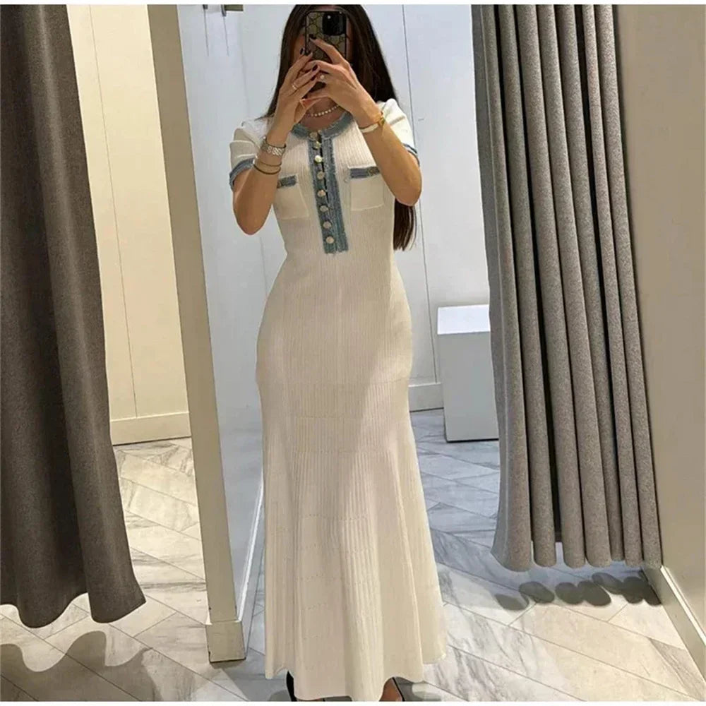 Elegant Knit Maxi Dress For Women O Neck Short Sleeve