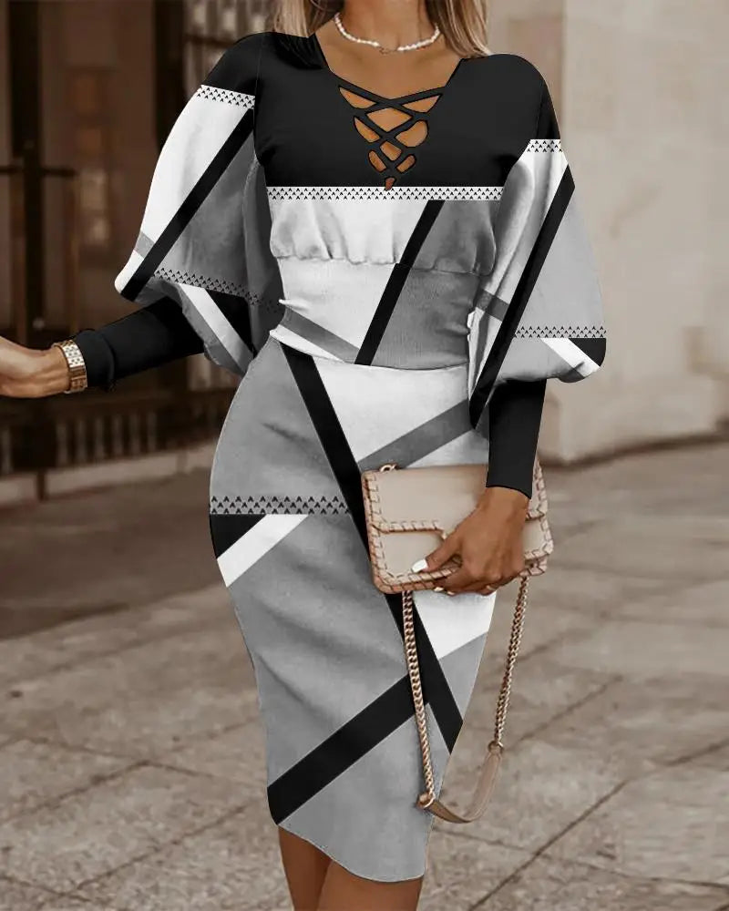 Elegant Color Block Bodycon Dress With V Neck Midi