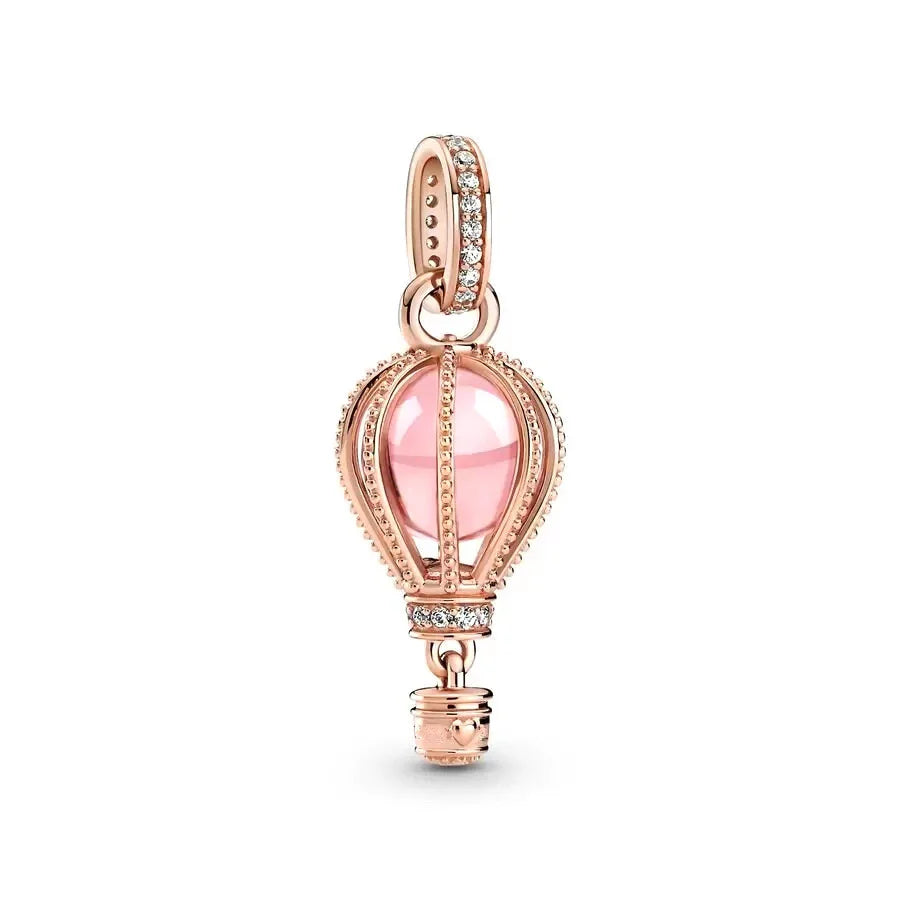 Plated Rose Gold Sparkling Pink Hot Air Balloon and Heart Charm Bead for Silver 925 Bracelet DIY Jewelry