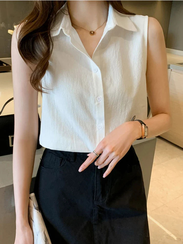 Sleeveless Turn-Down Collar Blouse for Women Elegant OL Style Workwear Shirt Lightweight Summer Top