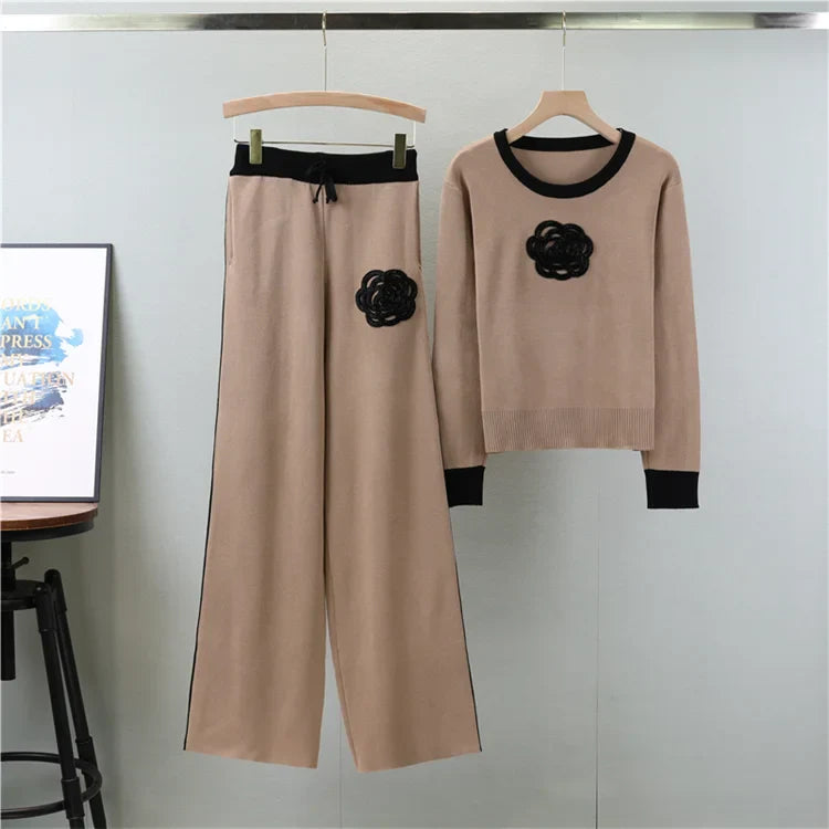 Knitted Loose Women Pant Suit Set with O Neck Pullover and Wide Leg High Waist Pants