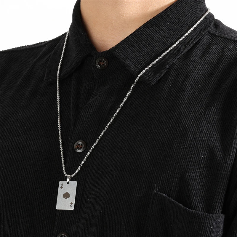 Hip Hop Stainless Steel Ace of Spades Pendant Necklace Set for Men and Women