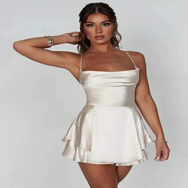 Satin Backless Shoulder Strap Cocktail Dress With Cross Tie