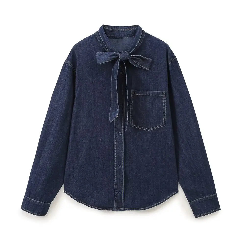 Women's Retro Long Sleeve Denim Shirt with French Bow Lapel Single Breasted Pocket Casual Cardigan for Fall and Winter Fashion