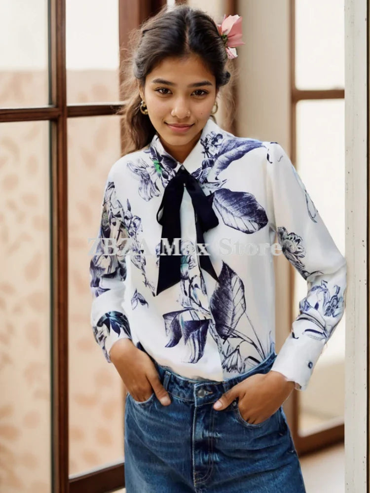 Women's Bow Tie Printed Blouse with Polo Collar Long Sleeve Single Breasted Vintage Loose Fit Elegant Shirt Top