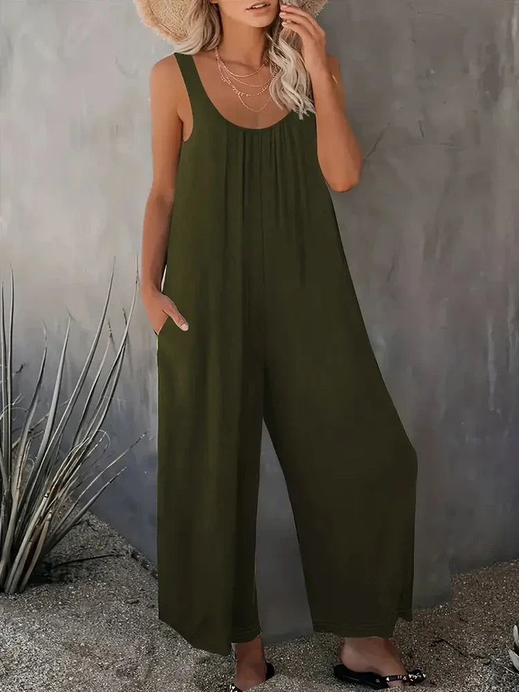 Loose Solid Color Wide Leg Jumpsuit with Sleeveless Scoop Neck Pockets Summer Casual Comfortable Pullover Romper for Women