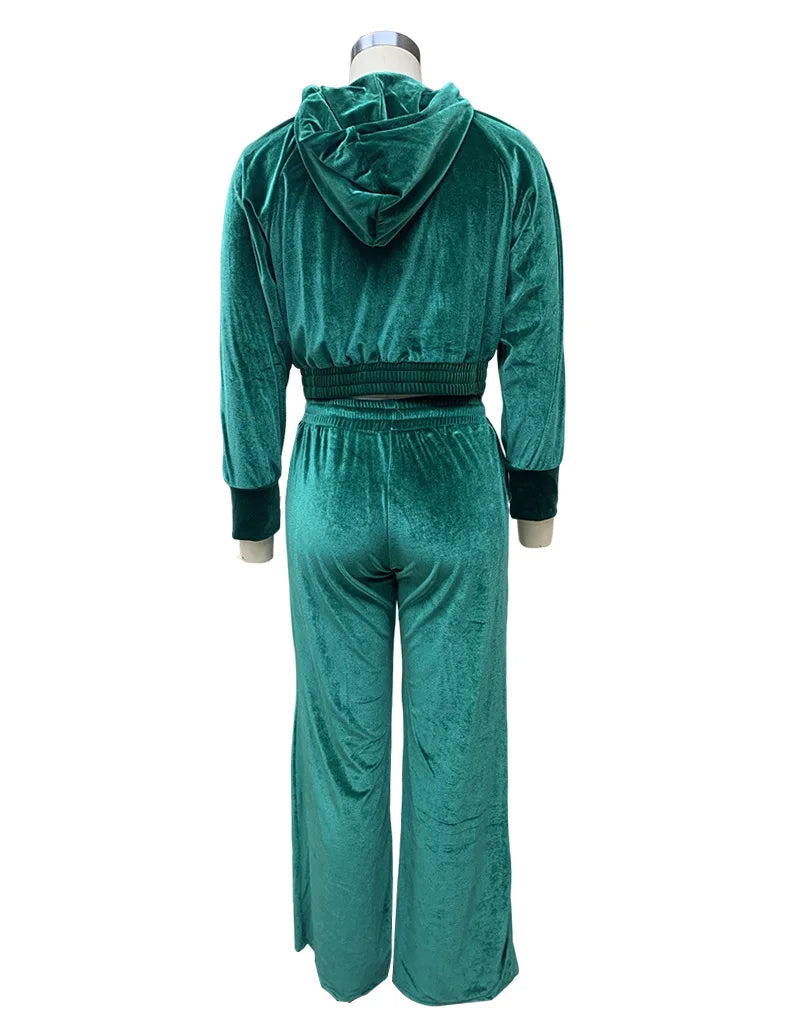 Velvet Tracksuit Women Two Piece Set with Zipper Crop Coat and Long Pants Casual Outfit