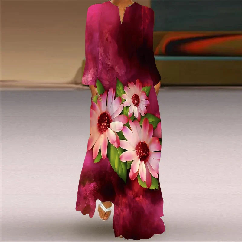 V Neck Long Sleeve Printed Dress With Pocket For Women