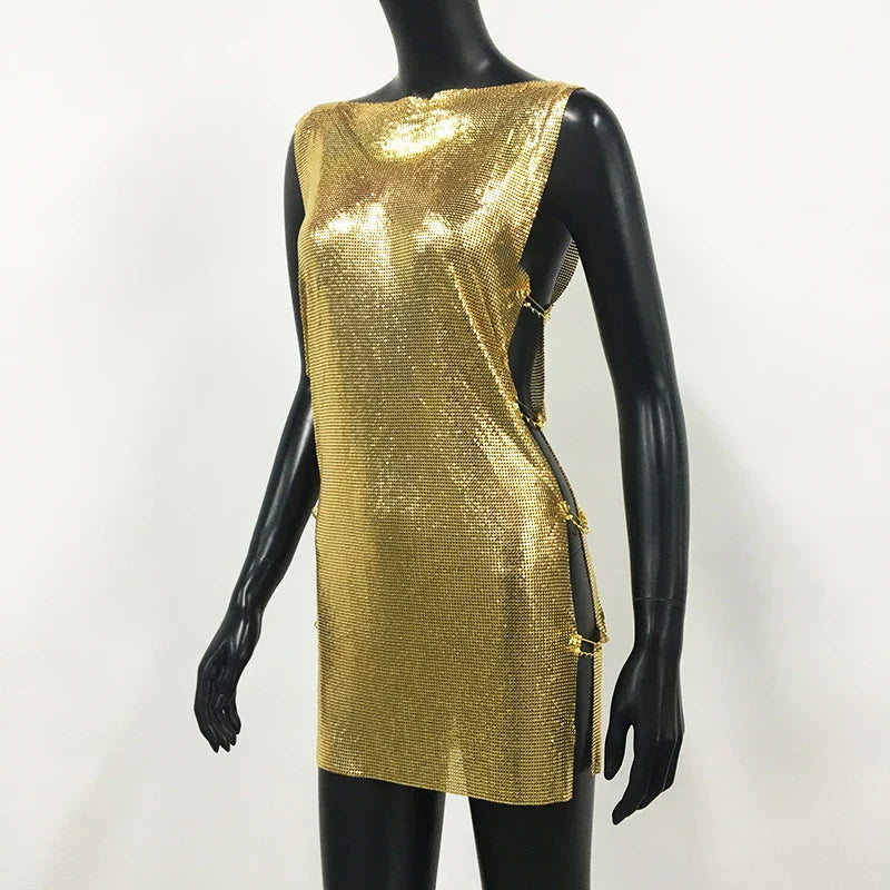 Y2K Metallic Sequins Mini Dress For Women Backless Clubwear