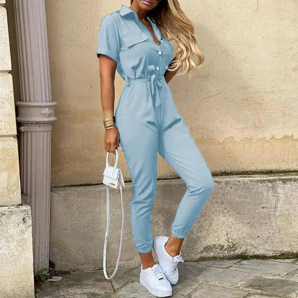 Casual Chic Overalls for Women Lapel Lace-Up Print Belted Work Jumpsuit One-Piece Bodysuit Elegant Long Sleeve Jumpsuit with Stylish Fit