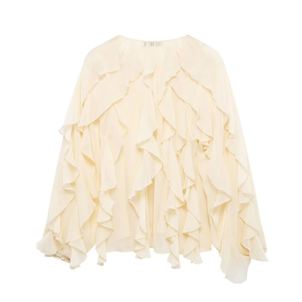 Semi-Sheer Ruffle V-Neck Blouse for Women Long Sleeve Button-Up Lightweight Spring Summer Top