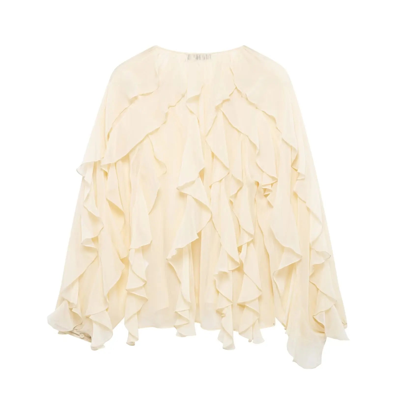 Semi-Sheer Ruffle V-Neck Blouse for Women Long Sleeve Button-Up Lightweight Spring Summer Top