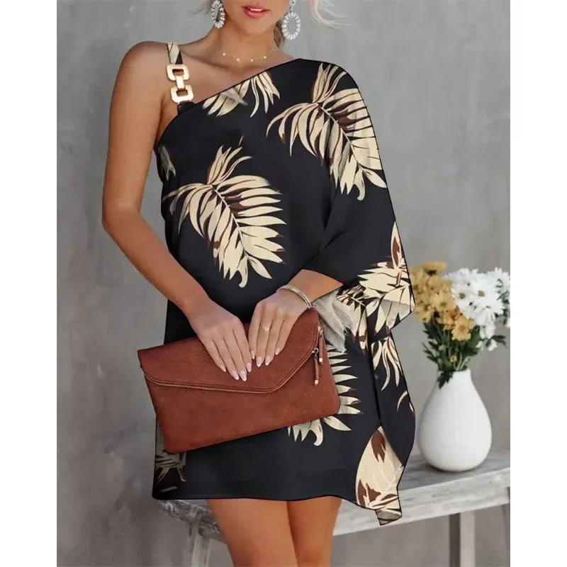 Summer Off Shoulder Dress With Printed Diagonal Neck Bat Sleeve