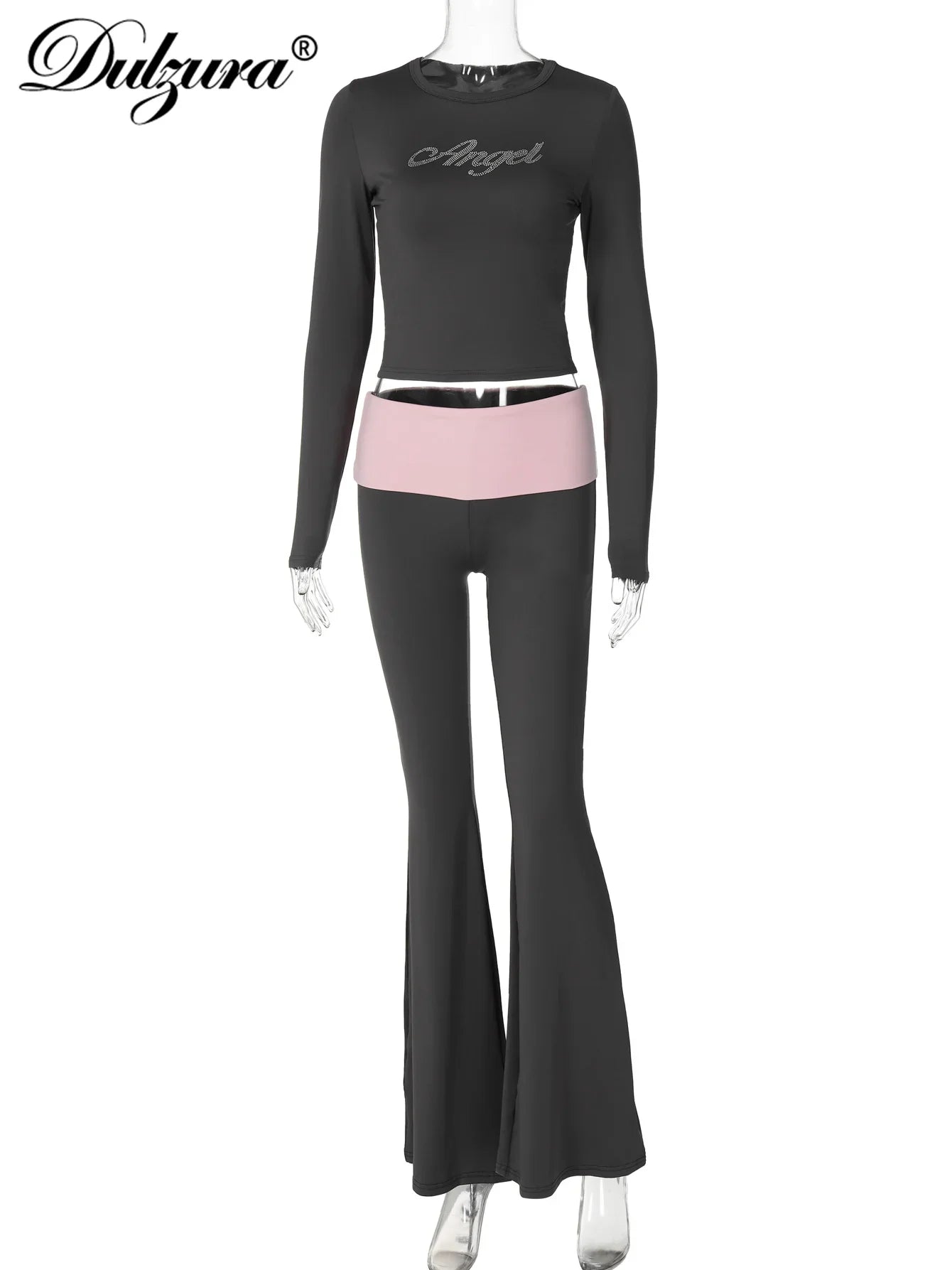 Women's Sexy Casual Two Piece Pants Set with Long Sleeve Letter Print Crop Top and Flare Pants for Streetwear Fashion