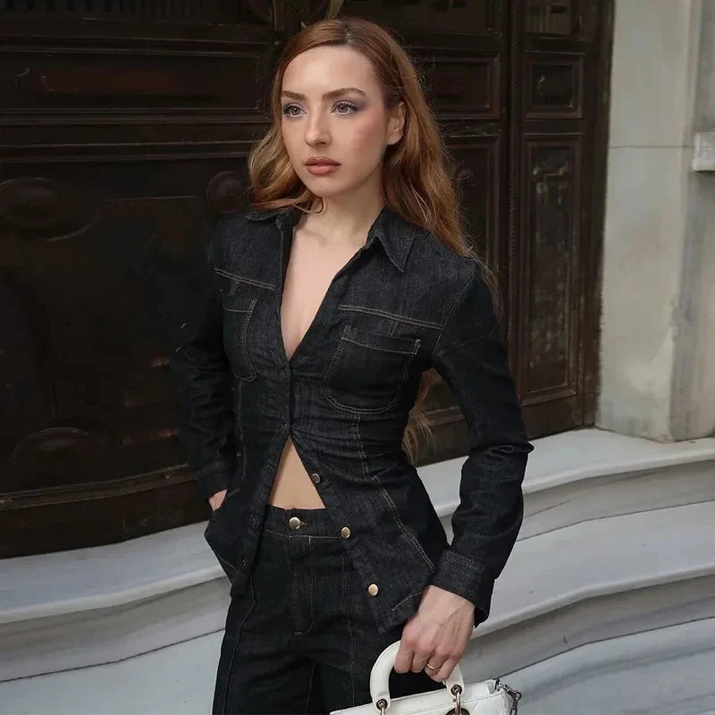 Denim Two Piece Women's Outfit with Button Up Shirt and High Waist Trousers Set
