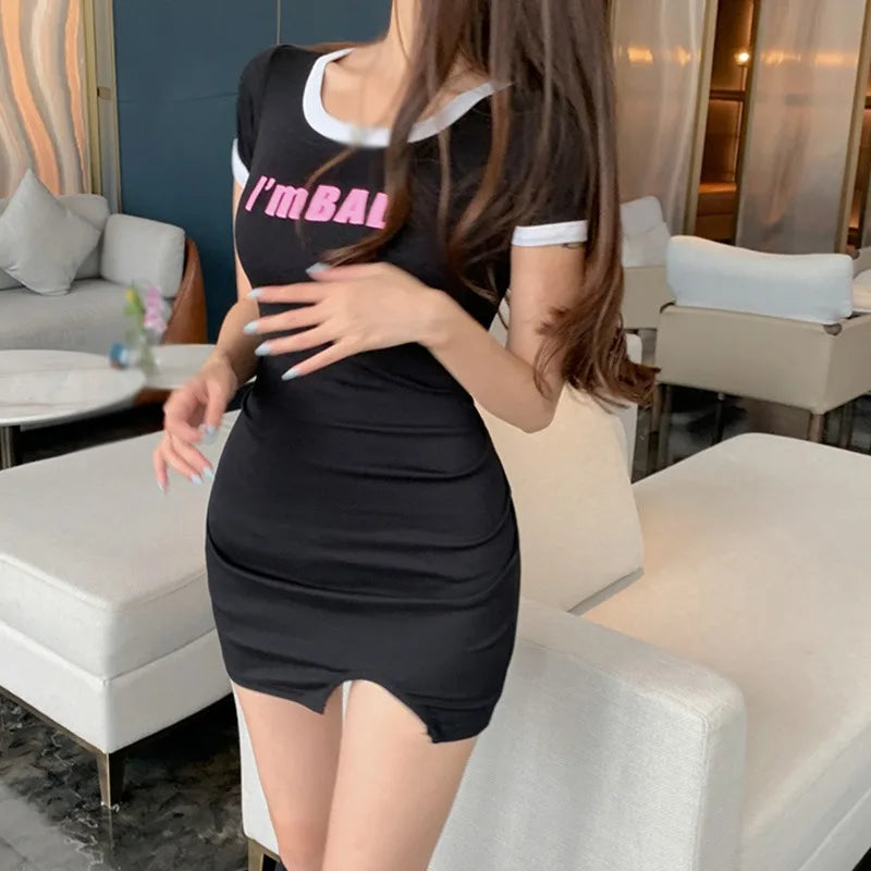Korean Style O Neck Slim Dress For Women Short Sleeve