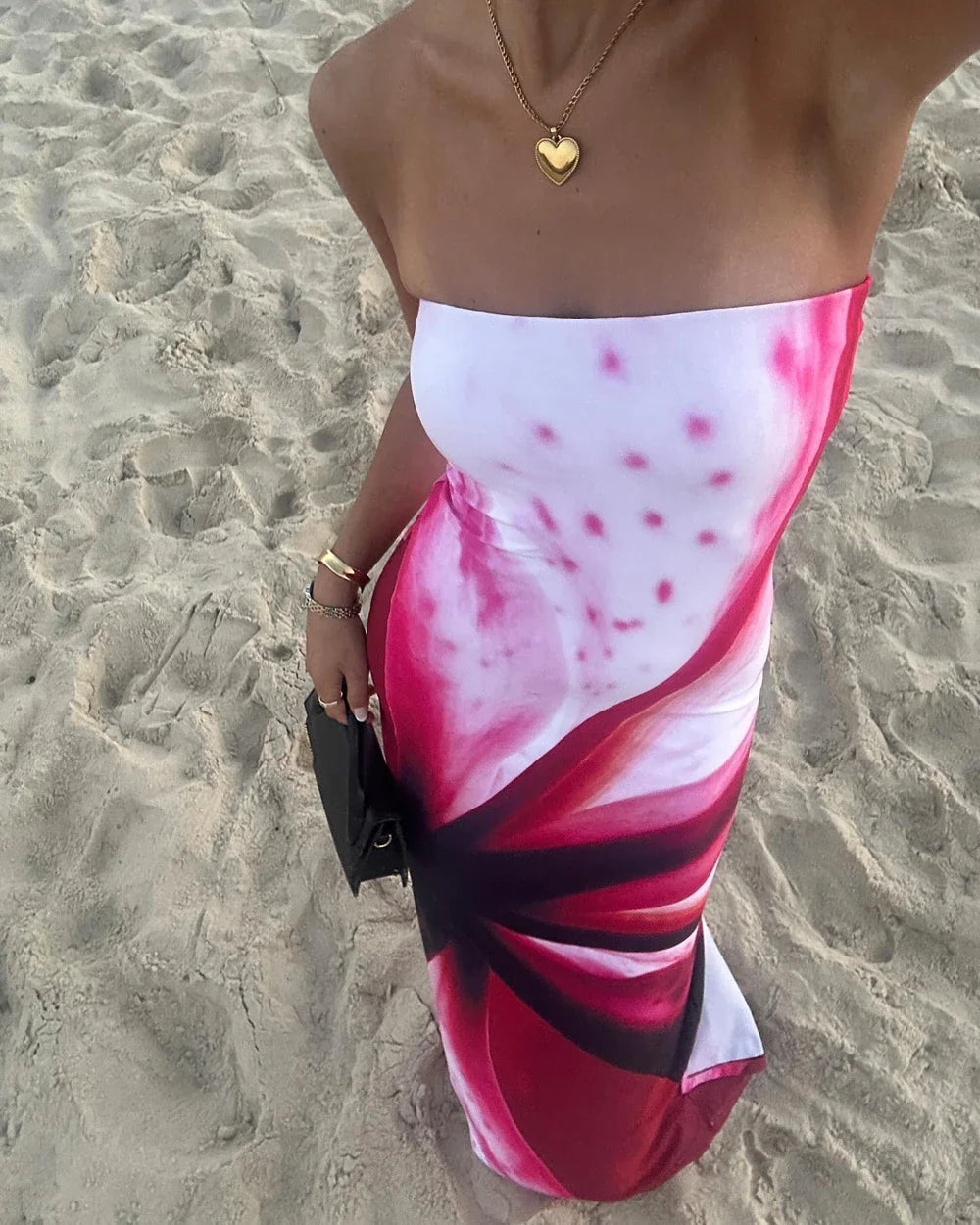 Patchwork Strapless Maxi Beach Dress With Printed Pattern
