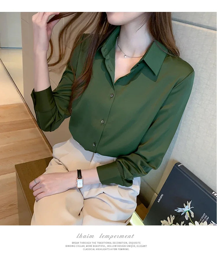 Elegant Satin Long Sleeve Blouse for Women Casual Office Shirt Solid White Basic Top