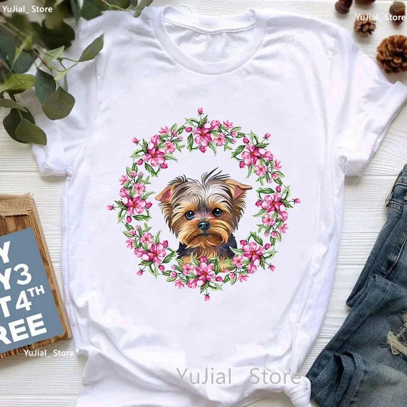 Golden Puppy Sunflower Dog Lover T Shirt for Girls Kawaii Summer Fashion Top with Pug and Yorkie Design