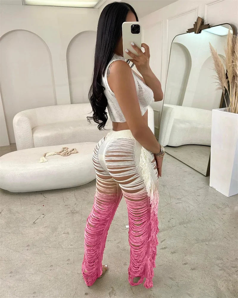 Gradient Color Crochet Two Piece Set for Women Summer Beach Vacation Outfit with Crop Top and Wide Leg Pants
