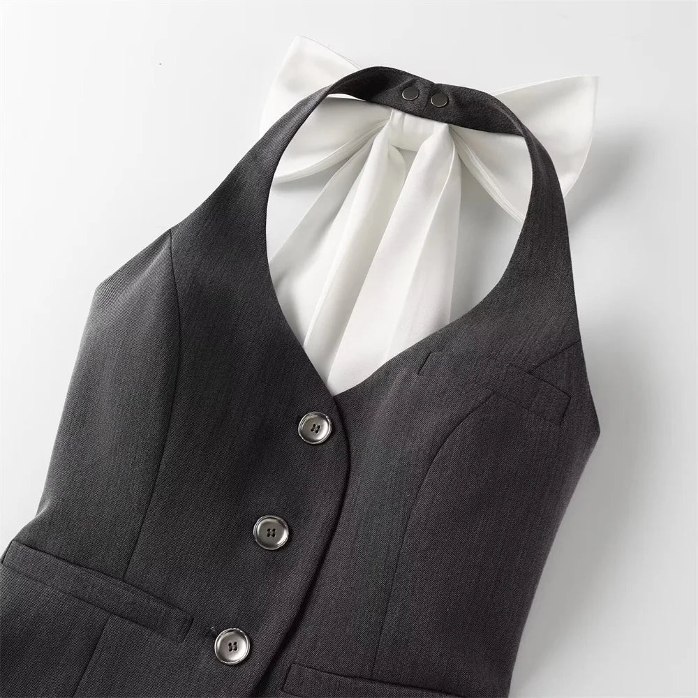 Women's Detachable Butterfly Knot Back Hanging Neck Vest with Pleated Skirt and Pants Set Spring Summer Fashion Ensemble