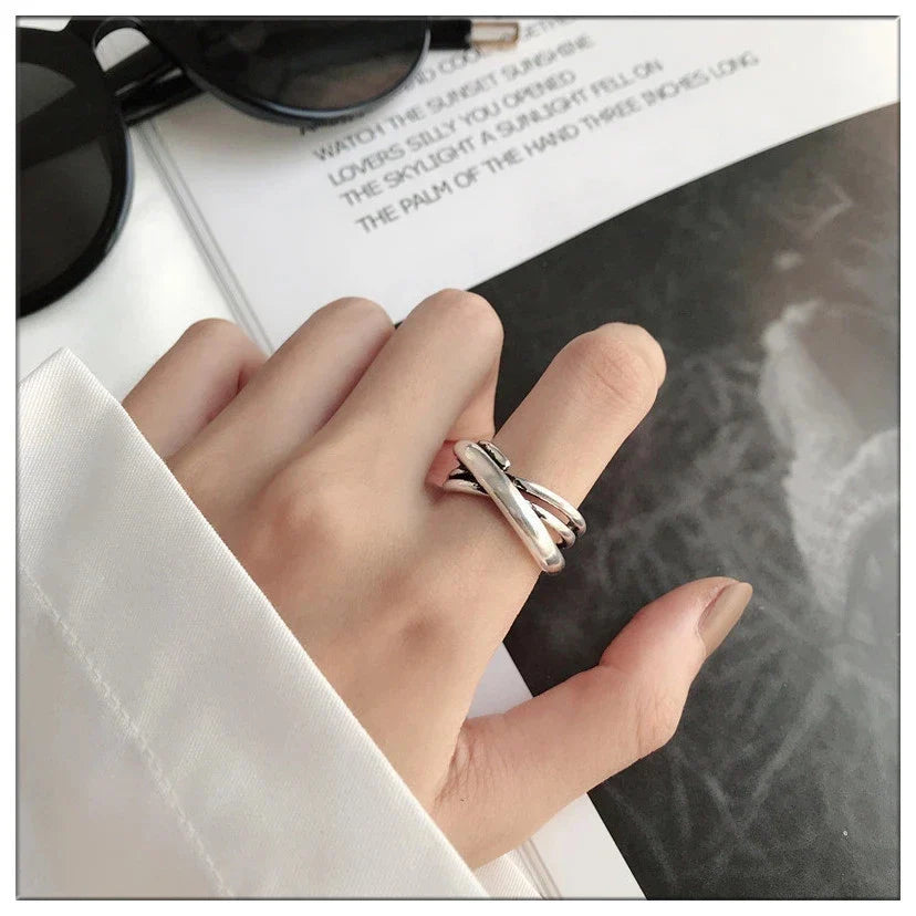 925 Sterling Silver Cross Hollow Chain Geometric Finger Ring Creative Party Jewelry Gift