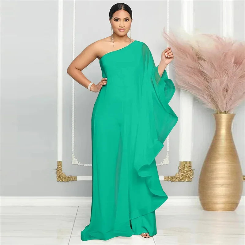 Elegant Chiffon One Shoulder Wide Leg Jumpsuit for Women Evening Party Birthday Romper Overalls Stylish One Piece Combinaison Femme