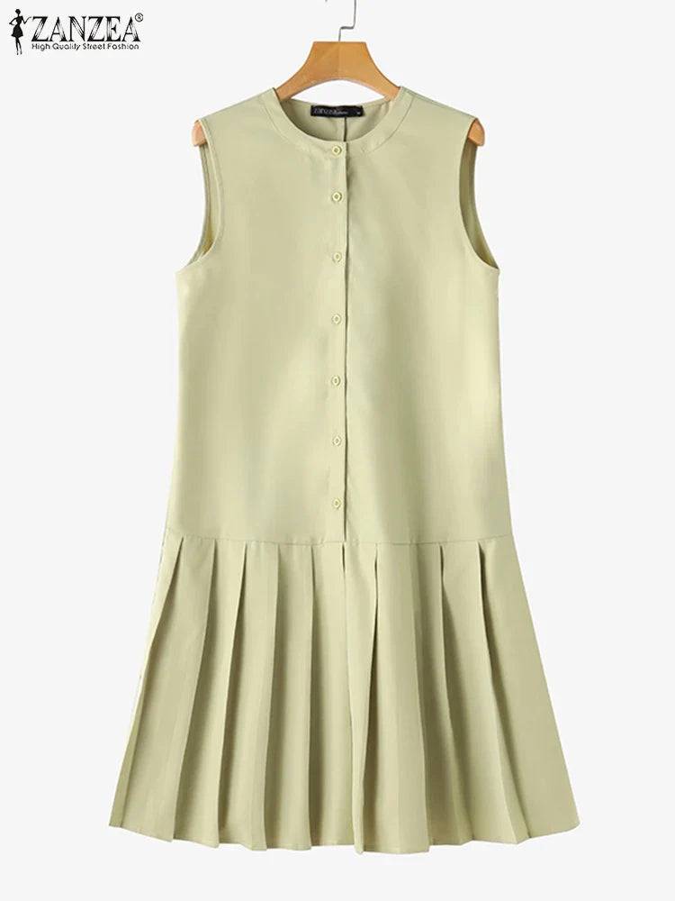 Pleated Button Mini Dress With Tank Sleeveless O Neck