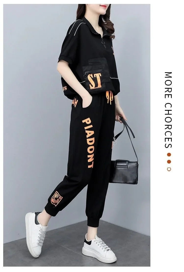 Women's Summer Korean Style Sports Suit Loose Short Sleeve Top and Pencil Pants Two Piece Set