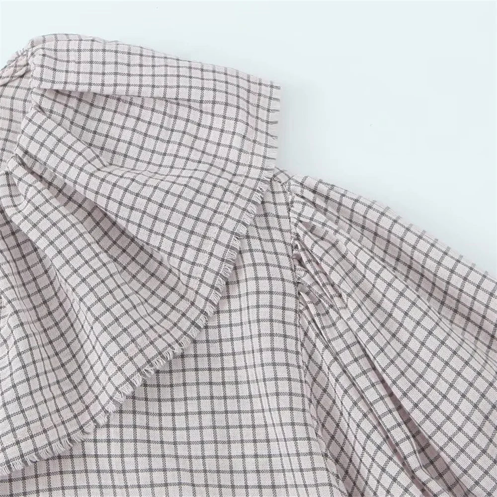 Casual Women's Long Sleeve Loose Fit Layered Small Grid Decorative Shirt for Autumn Versatile Everyday Wear