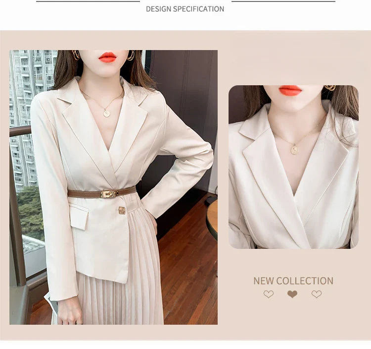 Faux Two Piece Dress With Blazer Collar Pleated Skirt