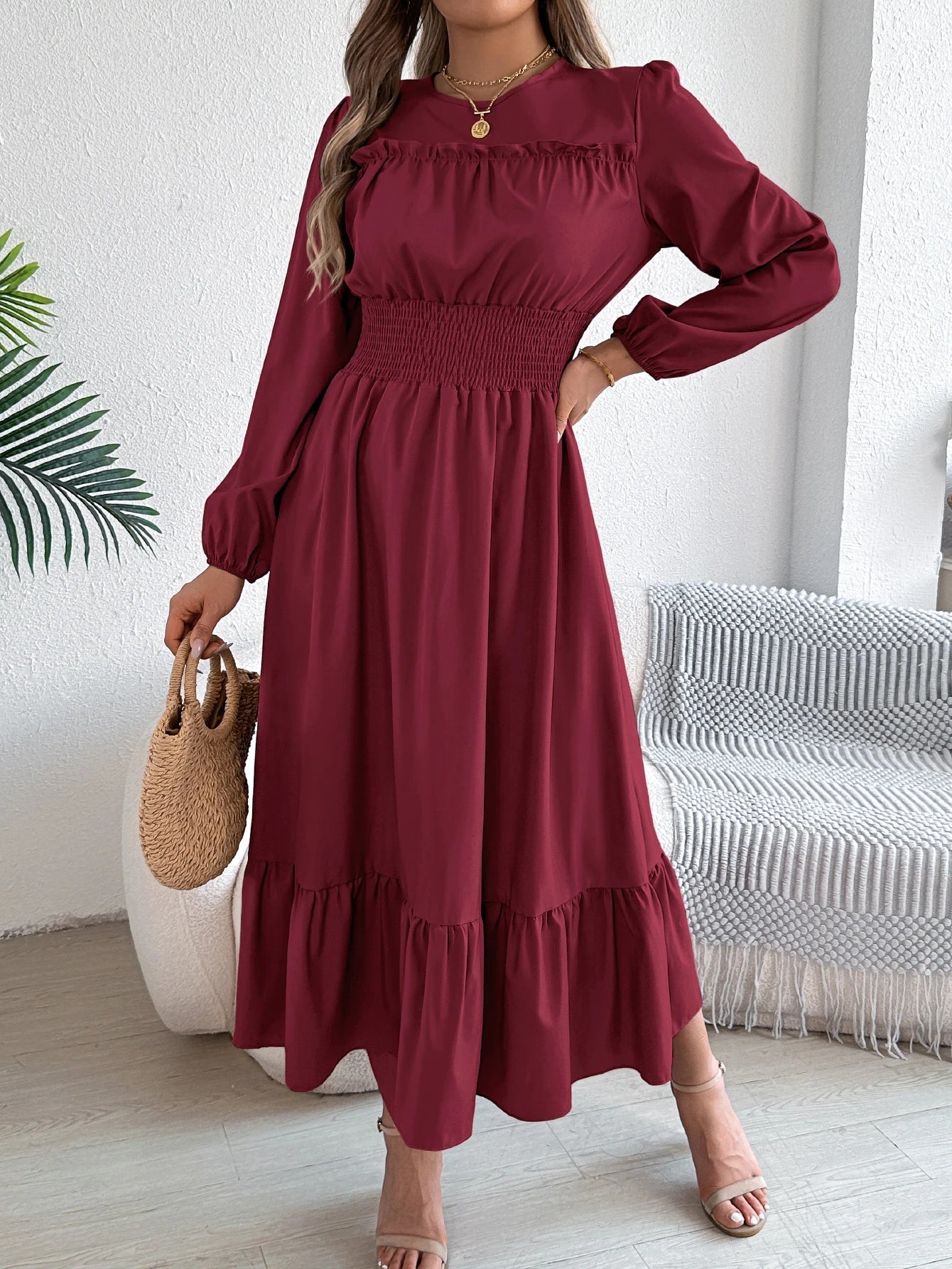 Elegant Long Sleeve Dress With Cinched Waist Solid Color