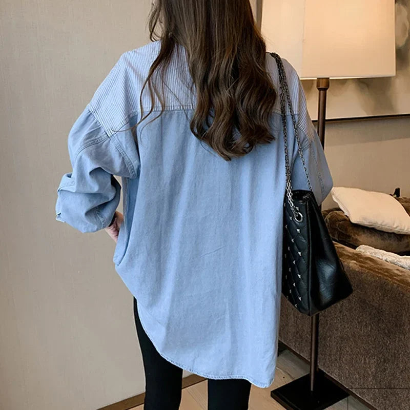 Loose Fit Women's Denim Shirt Long Sleeve Cotton Casual Button-Up Korean Style Autumn Winter Camisa Jeans Shirt