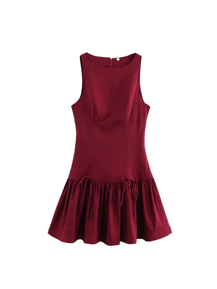 Bow Embellished Sleeveless Pleated Patchwork Dress Women