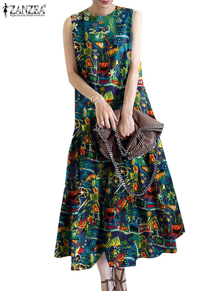 Bohemian Printed Sundress For Women O Neck Sleeveless