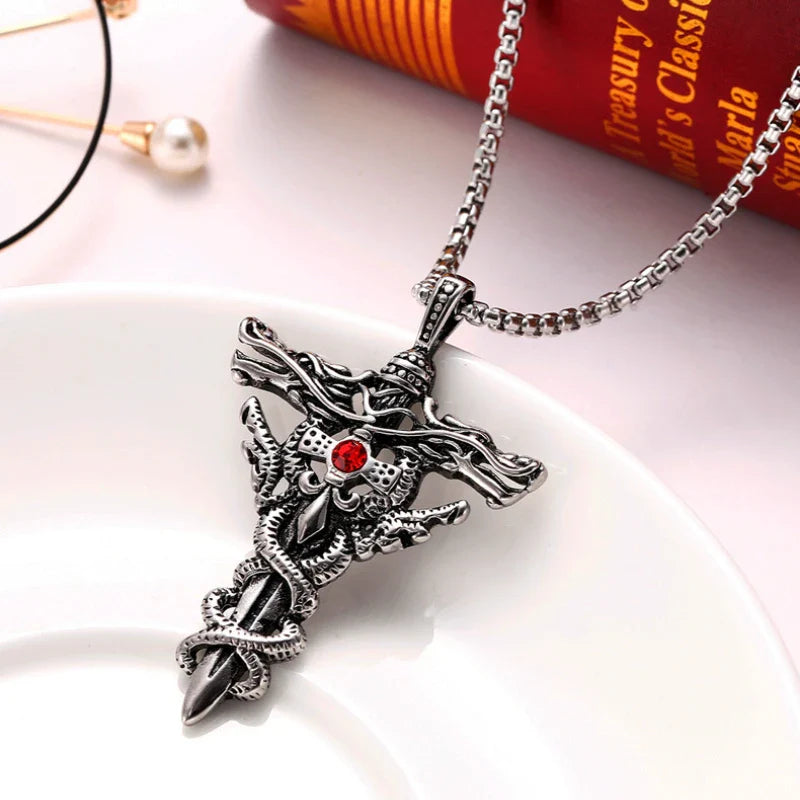 Punk Fashion Titanium Steel Necklace with Double Dragon Sword Pendant and Evil Eye Cross for Men