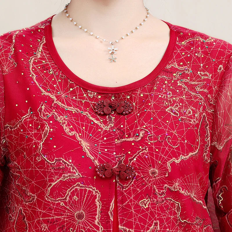 Women's Summer Shirt Casual Loose Fit Fake Two-Piece Printed Top for Middle-Aged and Elderly