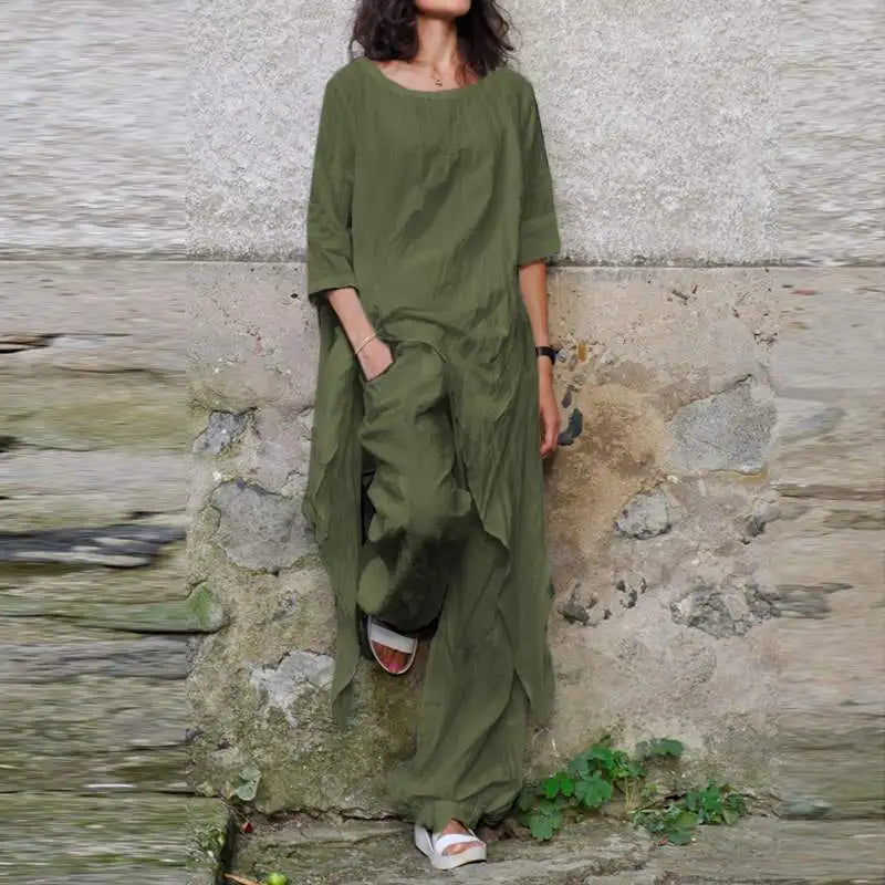 Casual Loose Cotton Linen Top with Irregular Hem and Elegant Loose Leg Pants Two Piece Set