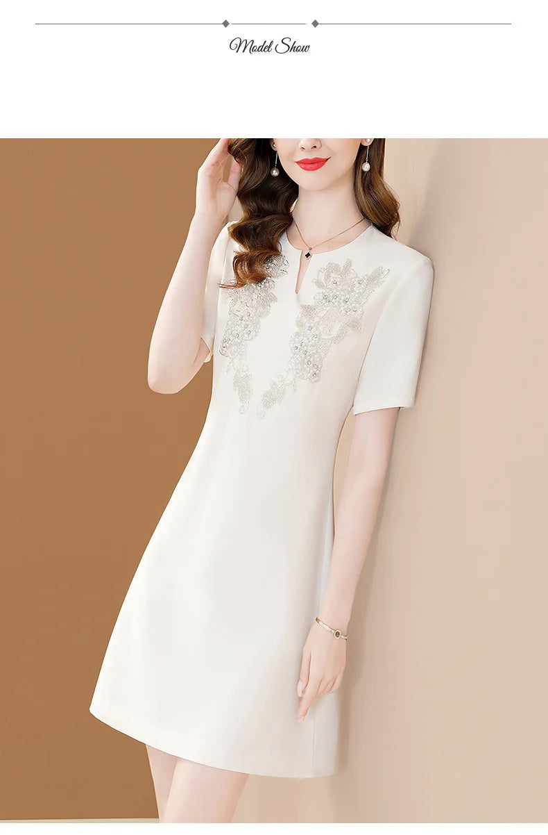 White Floral Embroidery A-Line Dress Short Sleeve Chic
