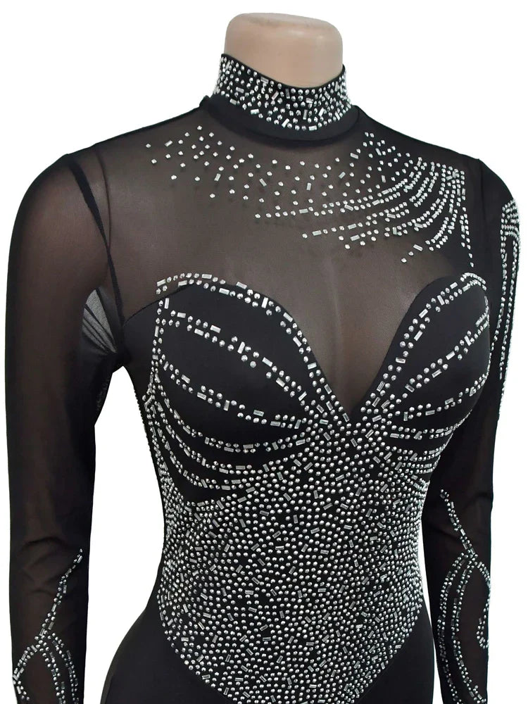 Women's Sheer Mesh Crystal Jumpsuit with Pearls and Rhinestones Long Sleeve Fitted Glam Romper Clubwear One-Piece Outfit