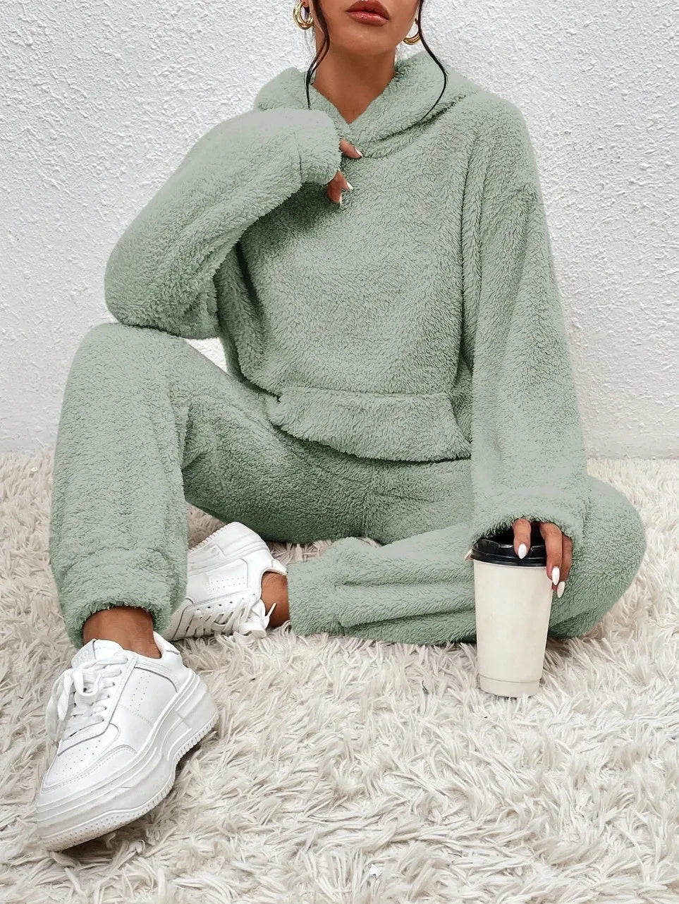 Autumn Winter Women Casual Hooded Sweatshirt and Plush Leg Pants 2 Piece Set Warm Furry Outfit