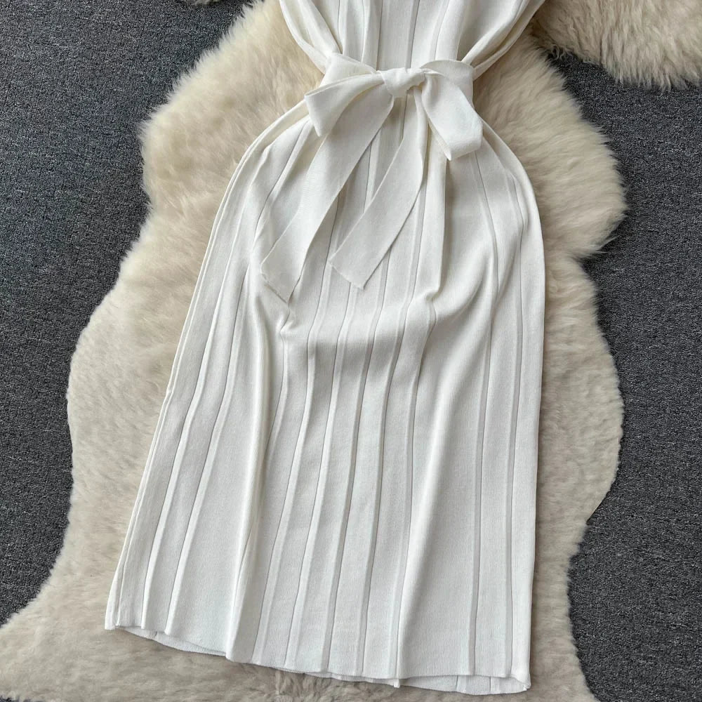 Solid Pleated Knitted Dress For Women Loose Fit Maxi