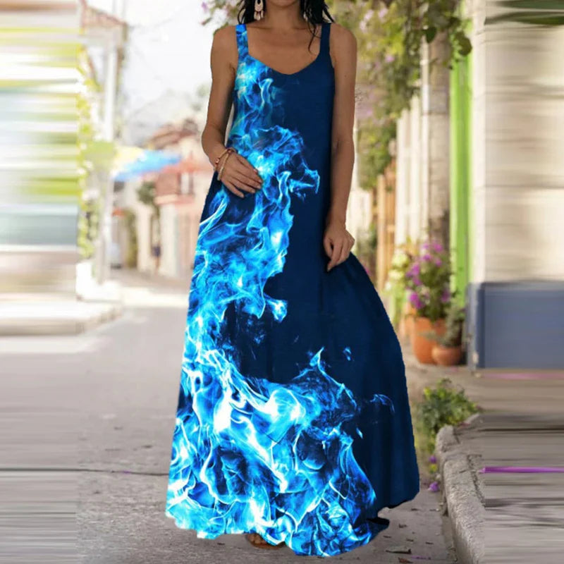 Flame Print Sleeveless Dress For Summer Casual Wear