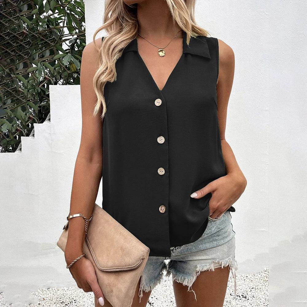 Chiffon Sleeveless Blouse for Women V Neck Button Down Slim Fit Casual Tank Top Summer Pullover Shirt