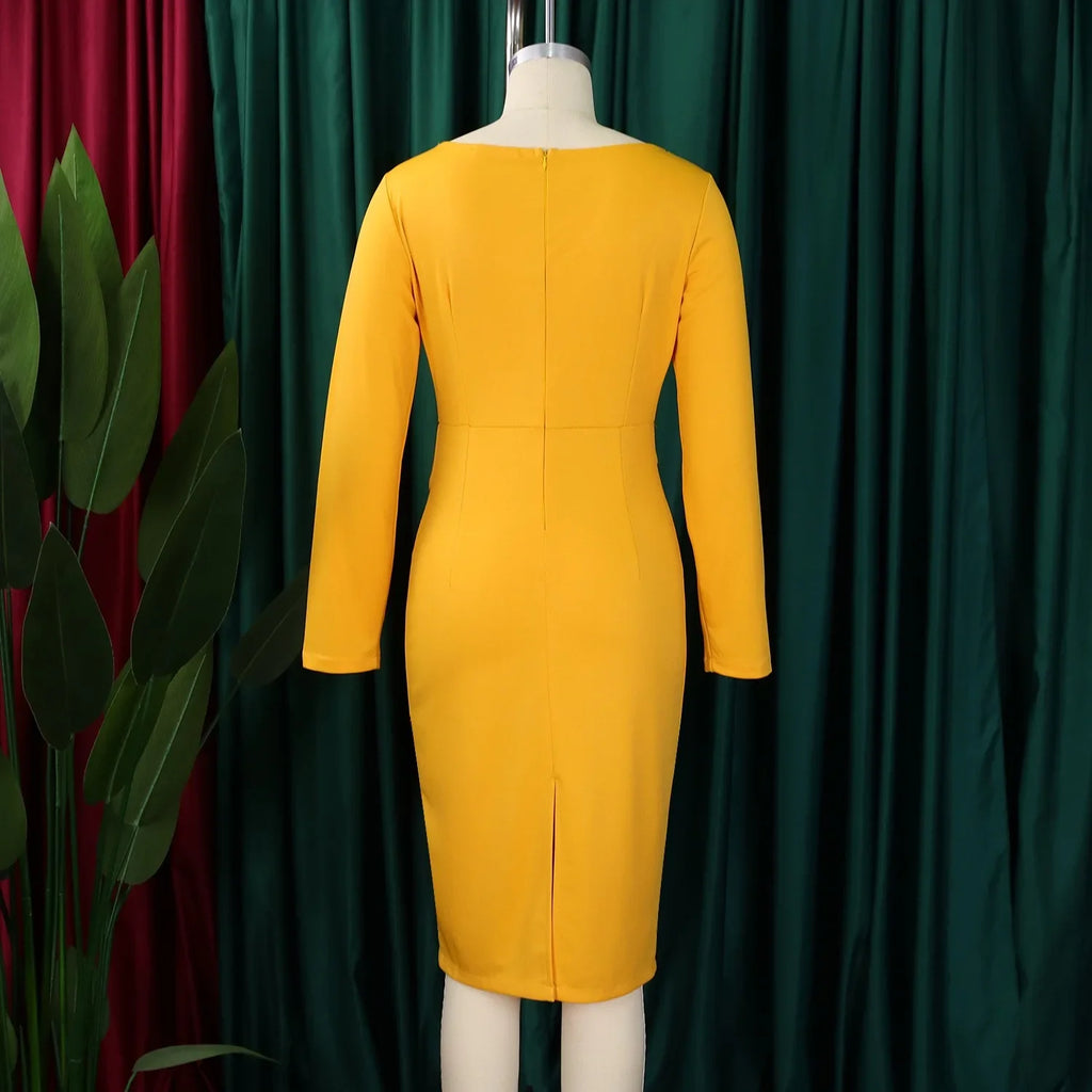 Professional Midi Office Dress for Women with Long Sleeves