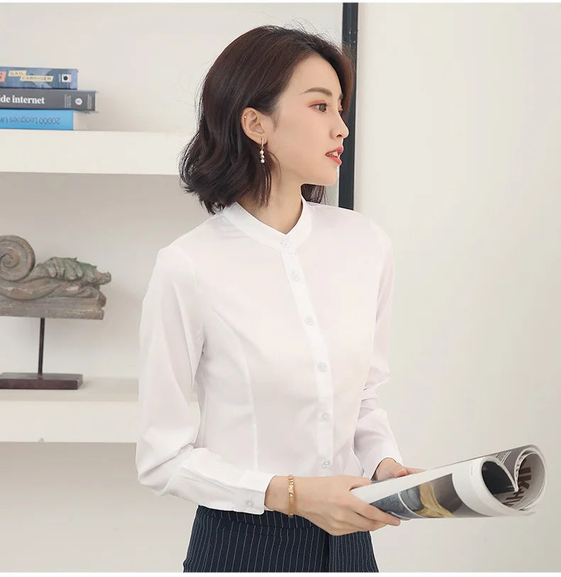 Women's Long Sleeve White Basic Shirt Blouse Stand Neck Tunic Button Up Office Work Top All Season