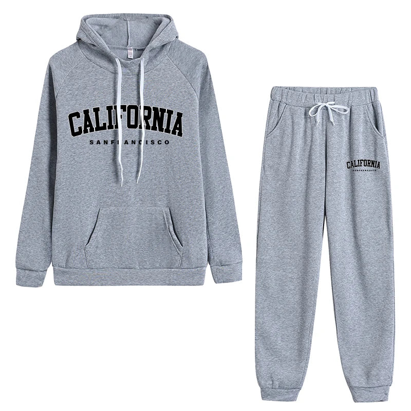 Womens California Letter Printing Hooded Tracksuit Set High Quality Casual Jogging Sweatshirt and Pants